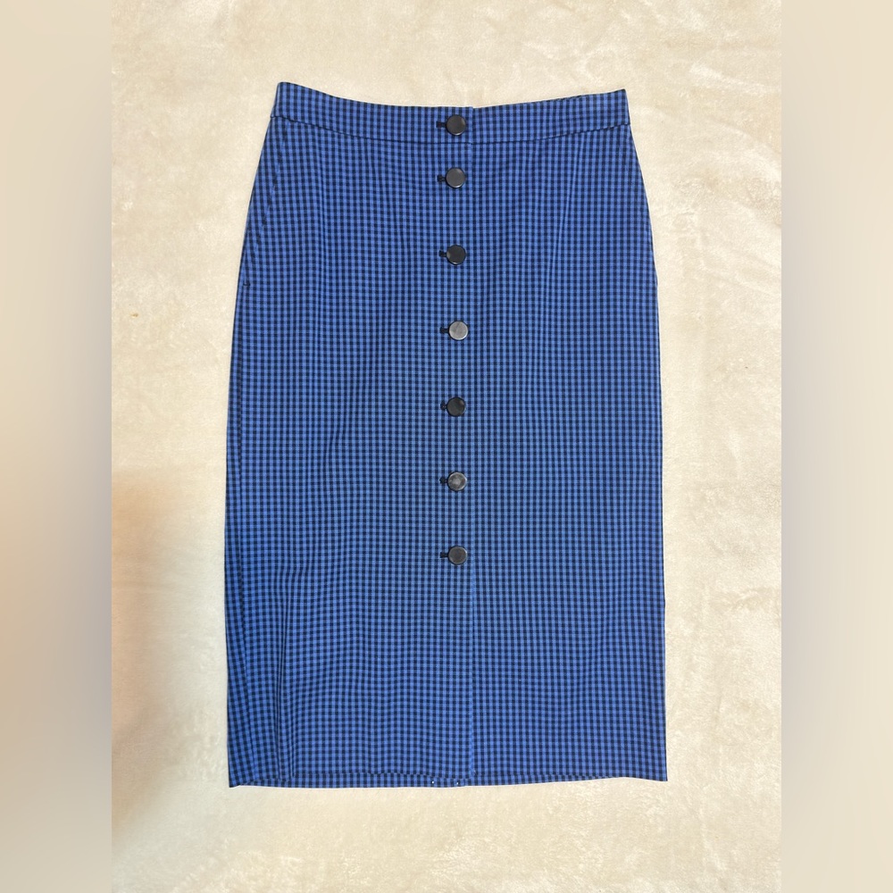 Club Monaco Navy Blue Gingham Button-Front Midi Skirt